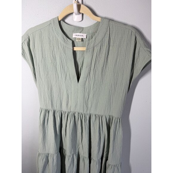 Calvin Klein Womens Textured Tiered Dress Size 2 Sage Green Split Neckline Tie - Picture 4 of 14